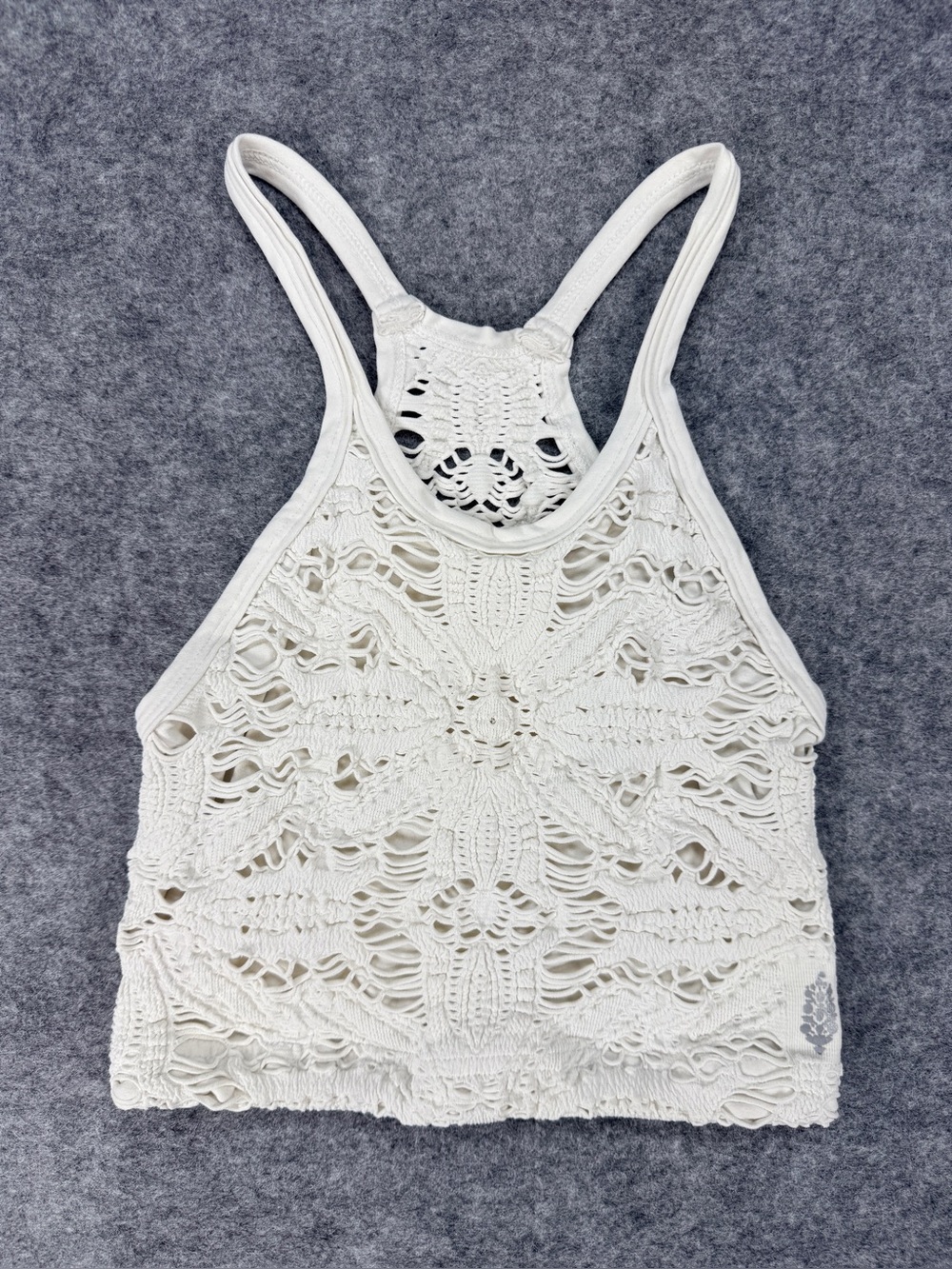 Free People Movement Happiness Runs Crochet Floral Crop Tank Ivory M/L Boho